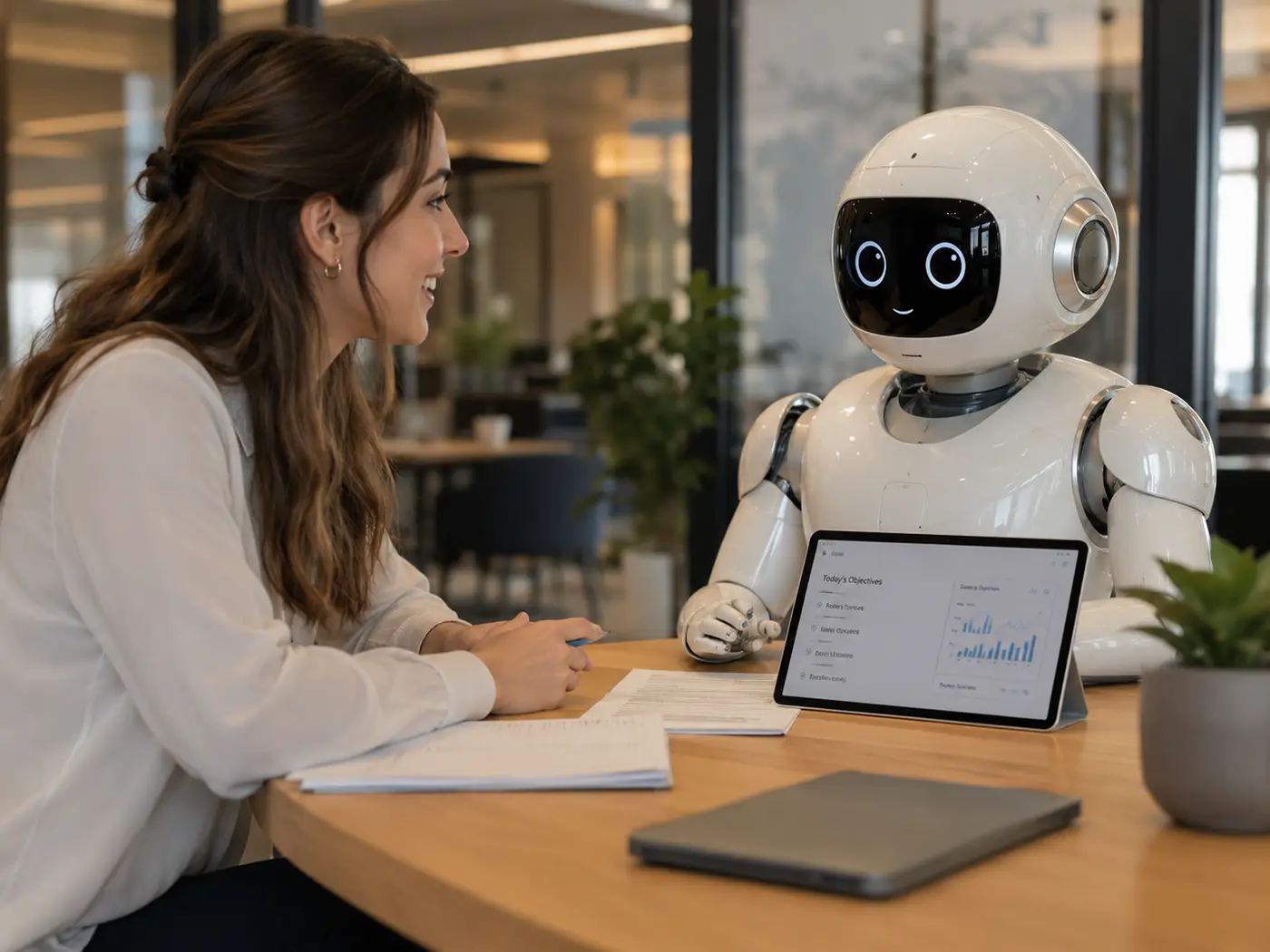 Une apprenante en échange avec un assistant robot professionnel présentant un tableau de bord sur tablette