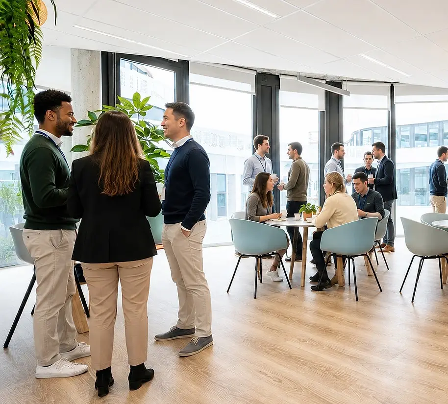 Participants en échange lors d'une pause, dans les locaux de KITT Formation