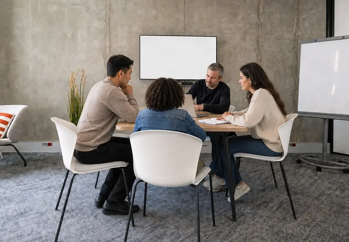 Quatre personnes en session de travail autour d'une table, dans une salle KITT Formation